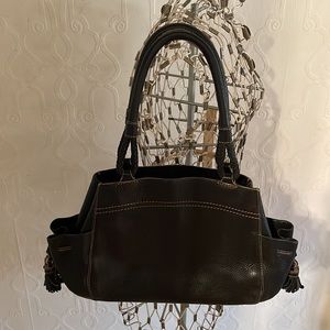 Cole Haan Black Pebbled Leather Sathel Handbag with Braided Handles and Tassels